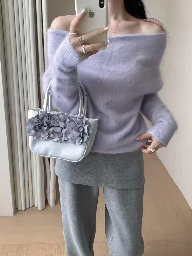 

Фиолетовый мягкий уютный камуфляжный свитер на одно плечо, женский осенне-зимний многослойный дизайн, пухлый топ, женская мода