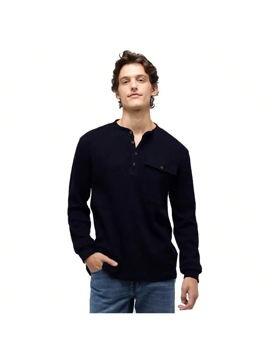 

Mens Long Sleeve Henley Collar T-Shirt With Pocket Casual Top