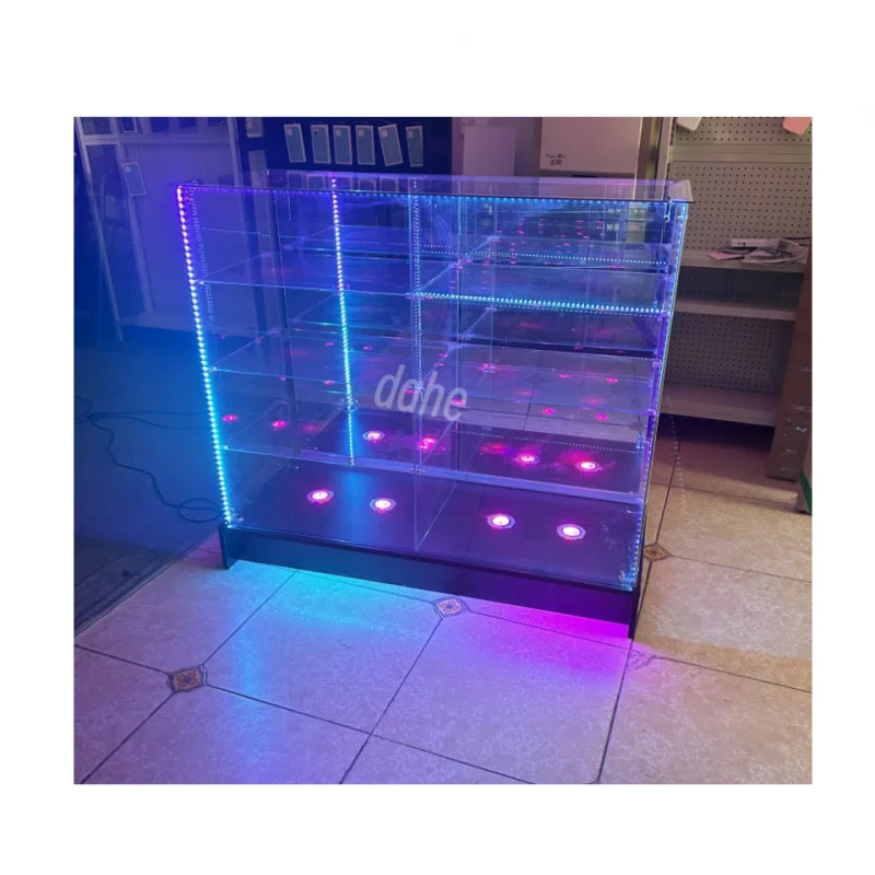 

Custom. Frameless full smoke shop cabinet lockable display cases with colorful LED strip light glass retail showcase disp