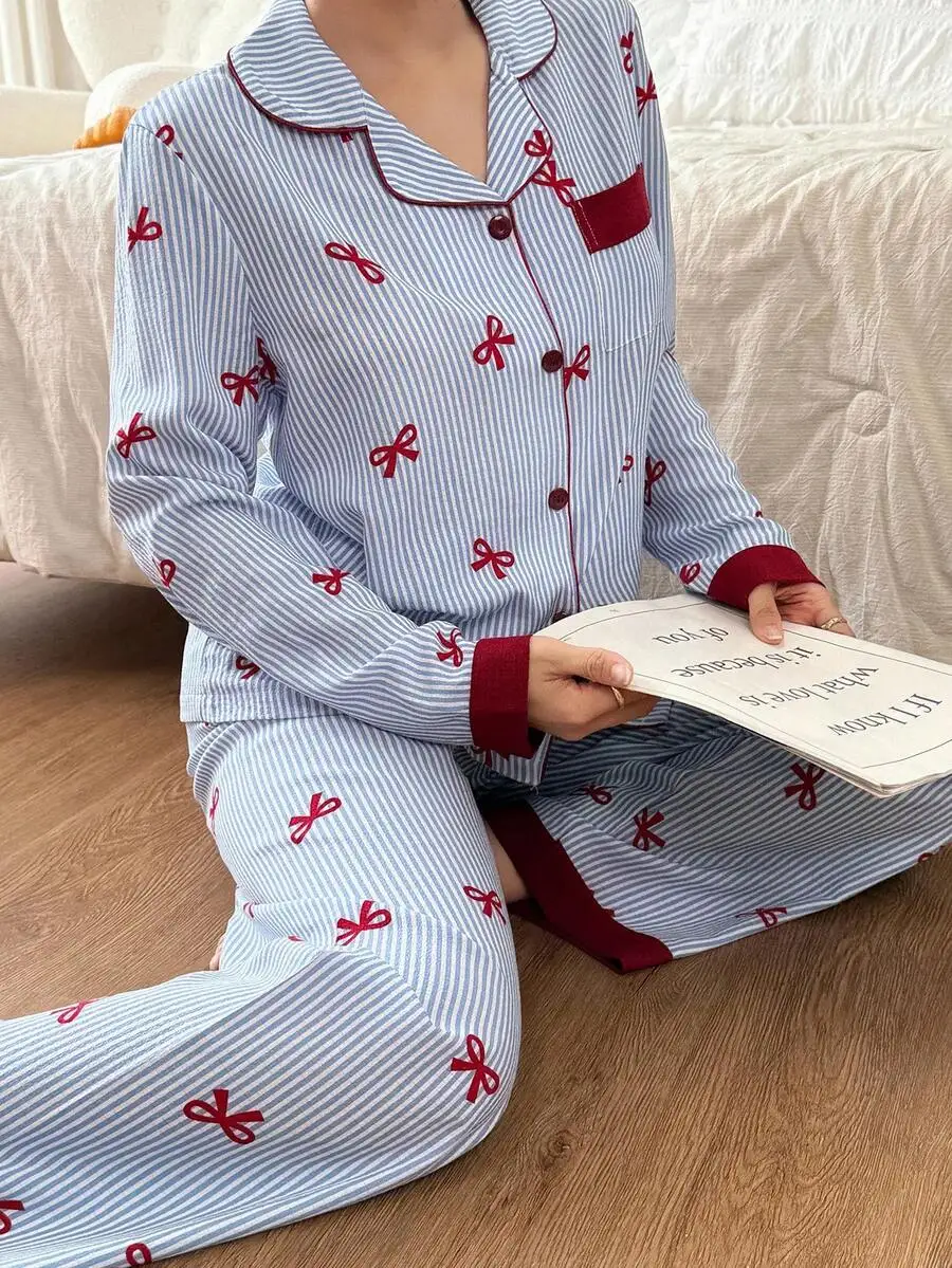 

Womens Striped Bow Print Long Sleeve Pajama Set Cotton Comfortable Sleepwear For Spring Autumn