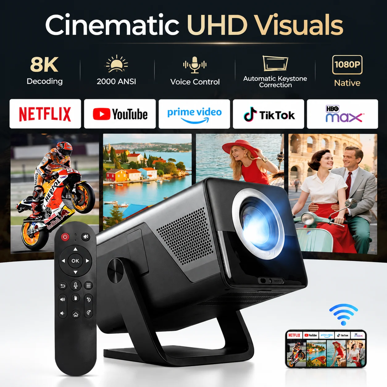 Proiettore Lyncast 8K con Supporto HD 1080P, Autofocus, 2000 ANSI Lumen, Altoparlante 5W, Android 14, WiFi6, BT5.4, per Home Theater e Uso Esterno X7