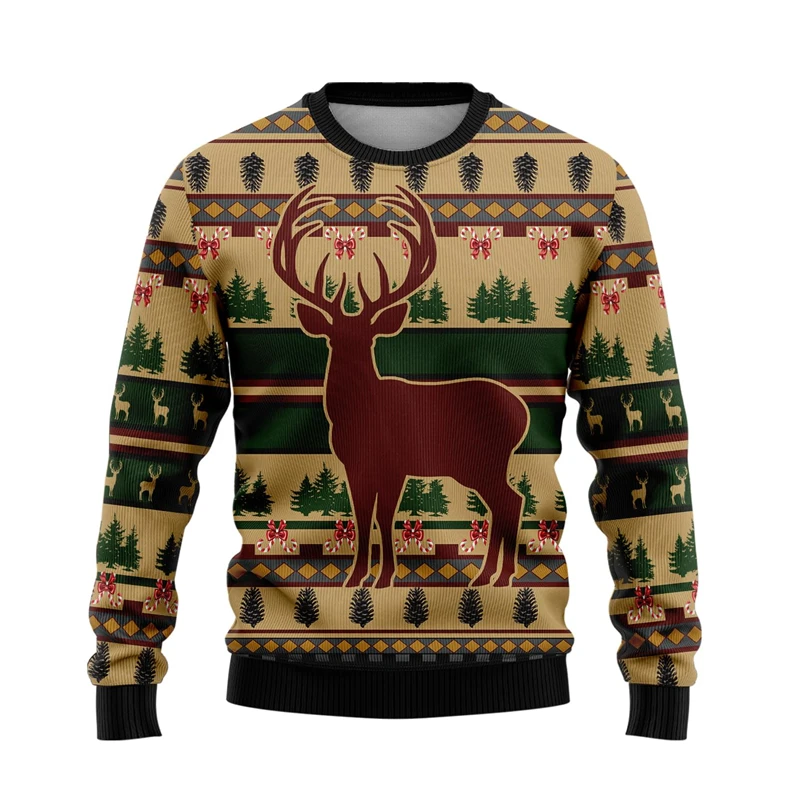 Fashion Deer Graphic Ugly Christmas Sweater Vintage Holiday Xmas 3D Animals Printed Sweatshirt Casual Harajuku Kids Pullovers