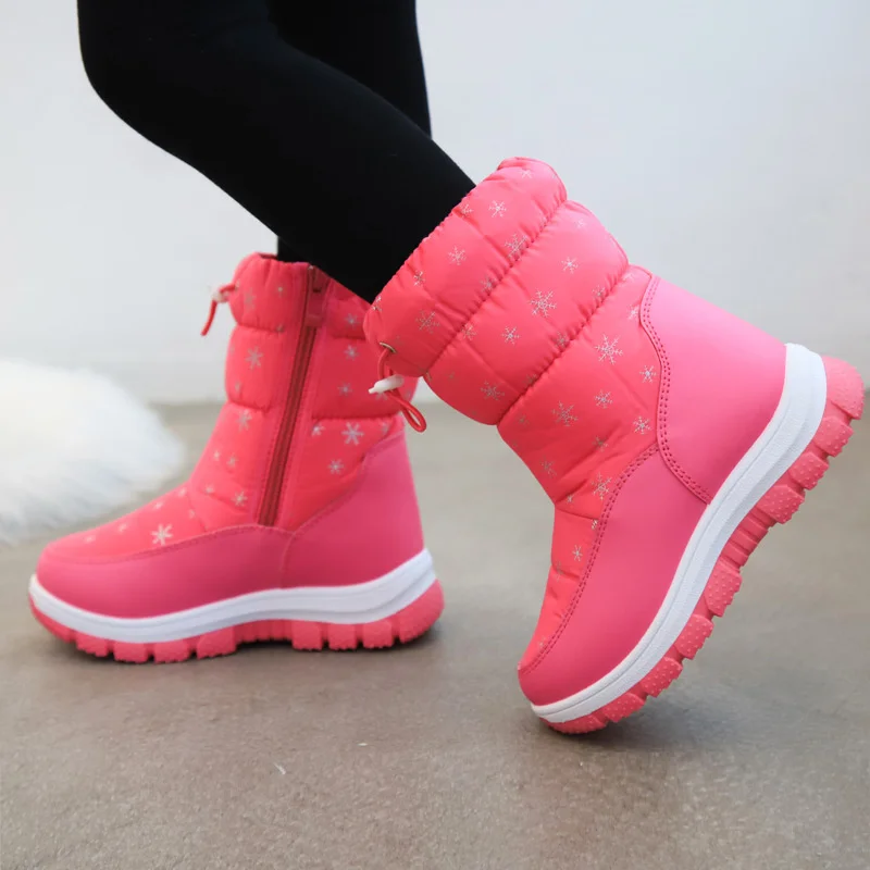 Winter Children Girls Snowflake High Snow Boots Warm Plush Thick-Soled Ankle-length Casual Soft-soled Pink Cotton Boot