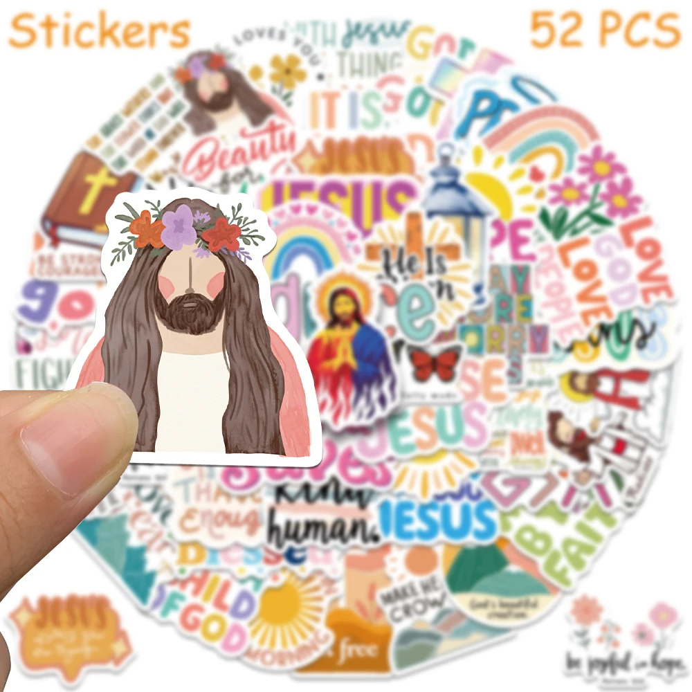 52pcs Jesus Christian Stickers Decals For Laptop Notebook Luggage Skateboard Guitar DIY Cartoon Aesthetic Waterproof Stickers