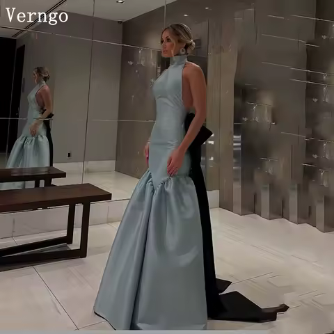 Verngo Blue Satin Evening Dress Halter Backless Bow Celebrity Matching Prom Gown Simple Party Dresses Customized