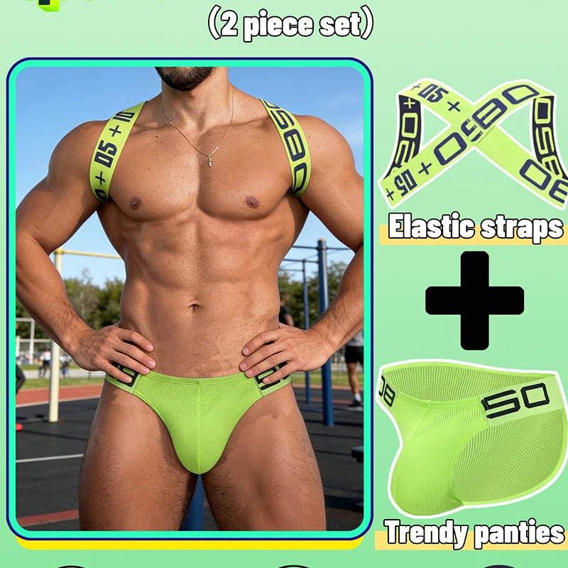 

2 Pieces Sports Set Mesh Qucik-Dry Men's Underwear Slip Cueca Male Panties Bikini Underpants Sexy Briefs Breathable Shorts