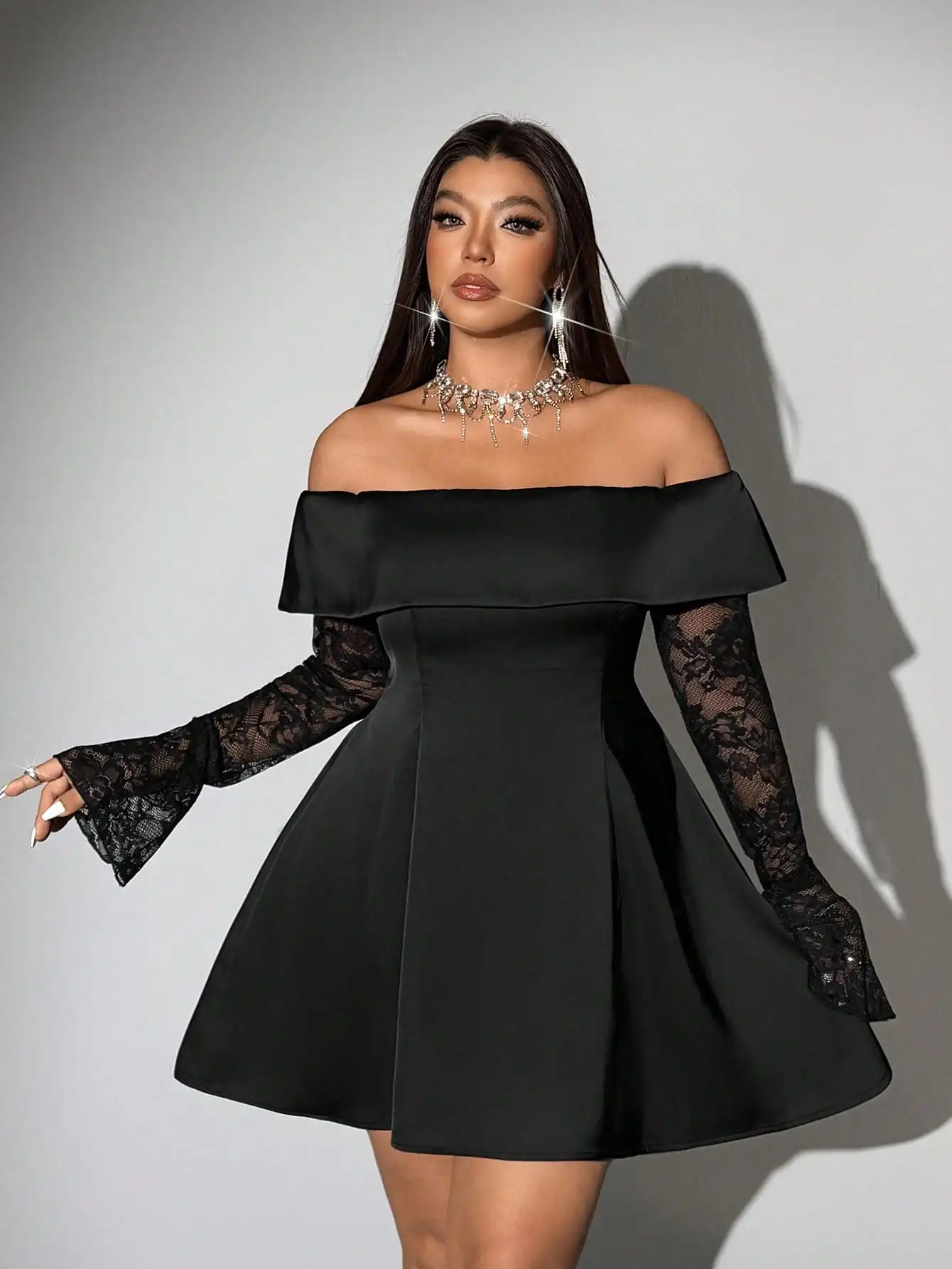 

Plus Size Off-Shoulder Lace Sleeve A-Line Party Dress Black
