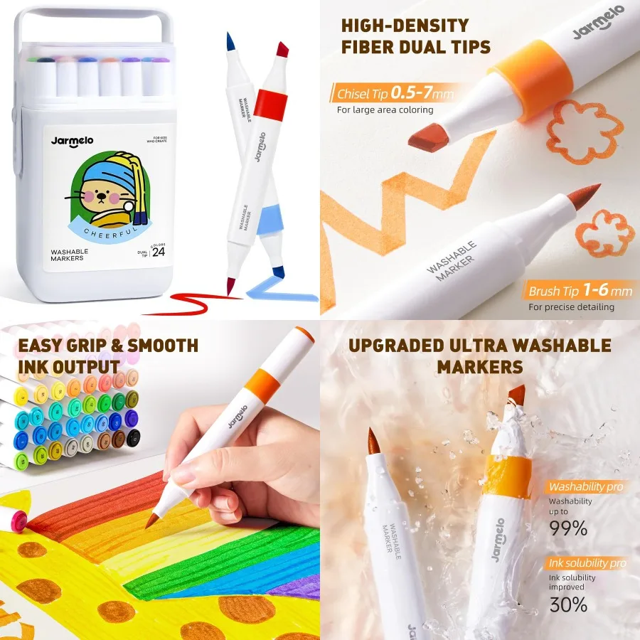 

Washable Dual Tip Markers for Ages 4-8: Brush Chisel Tip Water-Based Coloring Markers Double-Tipped 24 Colors Marker Set with S