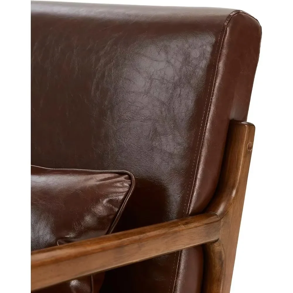 Fauteuil d'accent café du milieu du siècle, fauteuil de lecture simple, chaise longue en cuir PU avec cadre en bois de caoutchouc pour brochure, 30.75 po H