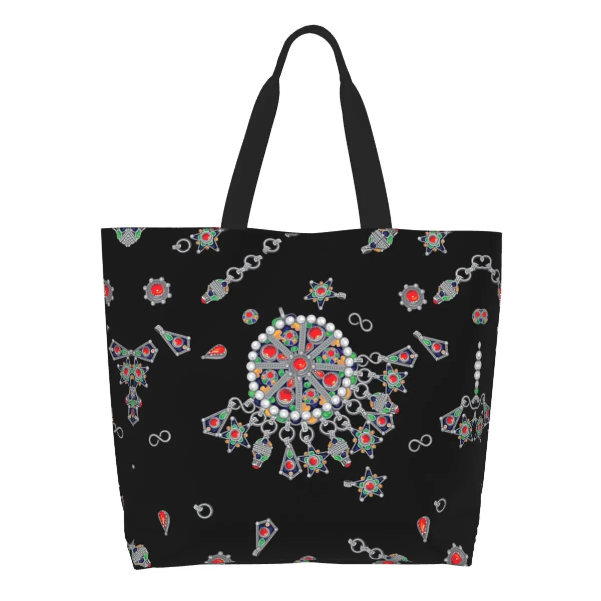 Kabyle Jewelry Grocery Shopping Bag Canvas Shopper Shoulder Tote Bags Large Capacity Washable Amazigh Ethnic Style Handbag