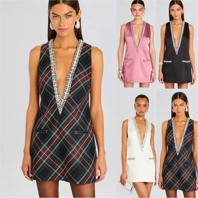 Sleeveless Dress With Deep V-neck 2026 Spring And Summer New Diamond Multi-color Casual Pocket Decoration Holiday Party Dress
