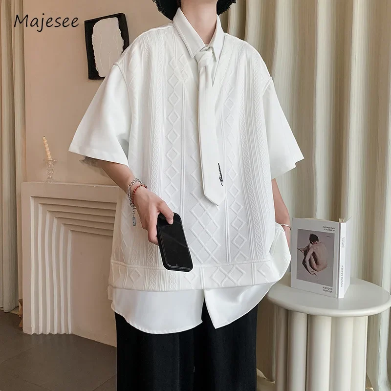 

Fake Two Piece Shirts Men Loose Spliced Twist Solid Half Sleeve Turn-down Collar High Street Korean Style Hipster Spring Summer