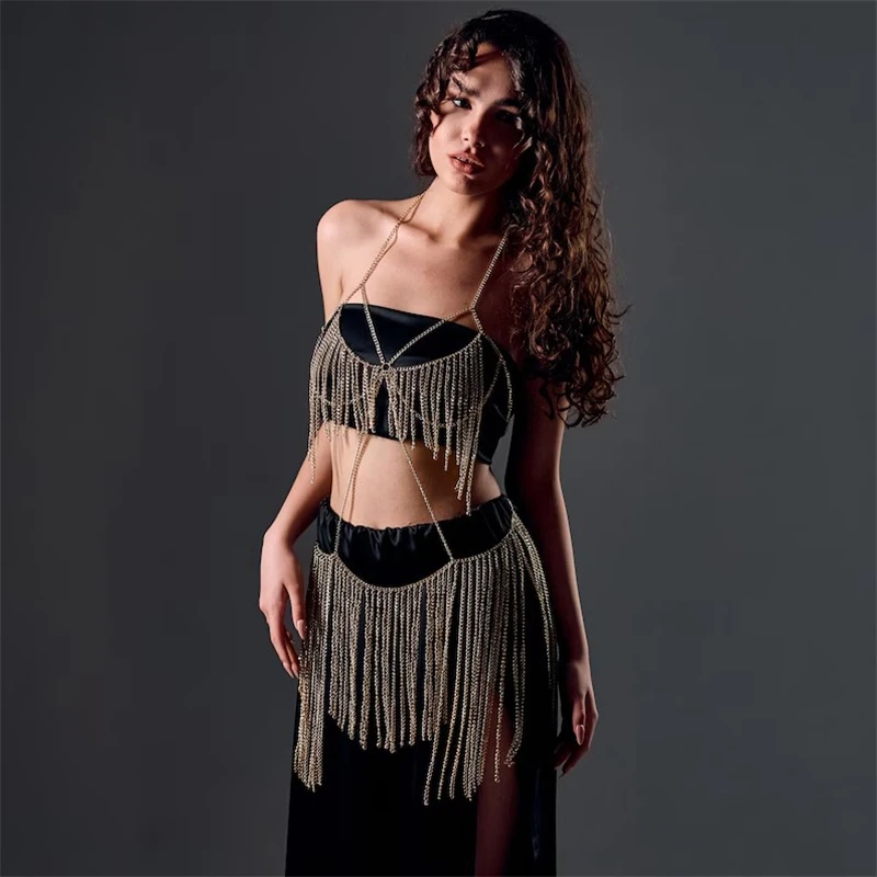 Damen Gold-Ketten-Halter-Bodychain-Kleid mit Fransen und Quasten, 2-teiliges Set, Party-Club-Rave-Outfit, Einheitsgröße, Dropshipping – Detail 4
