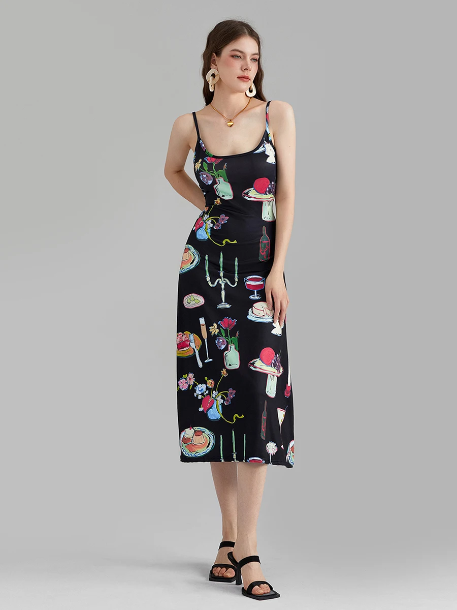 wsevypo Printed Black Slip Midi Dress for Summer Women's Vintage Backless Sleeveless Suspender A-Line Cami Dress Party Daily