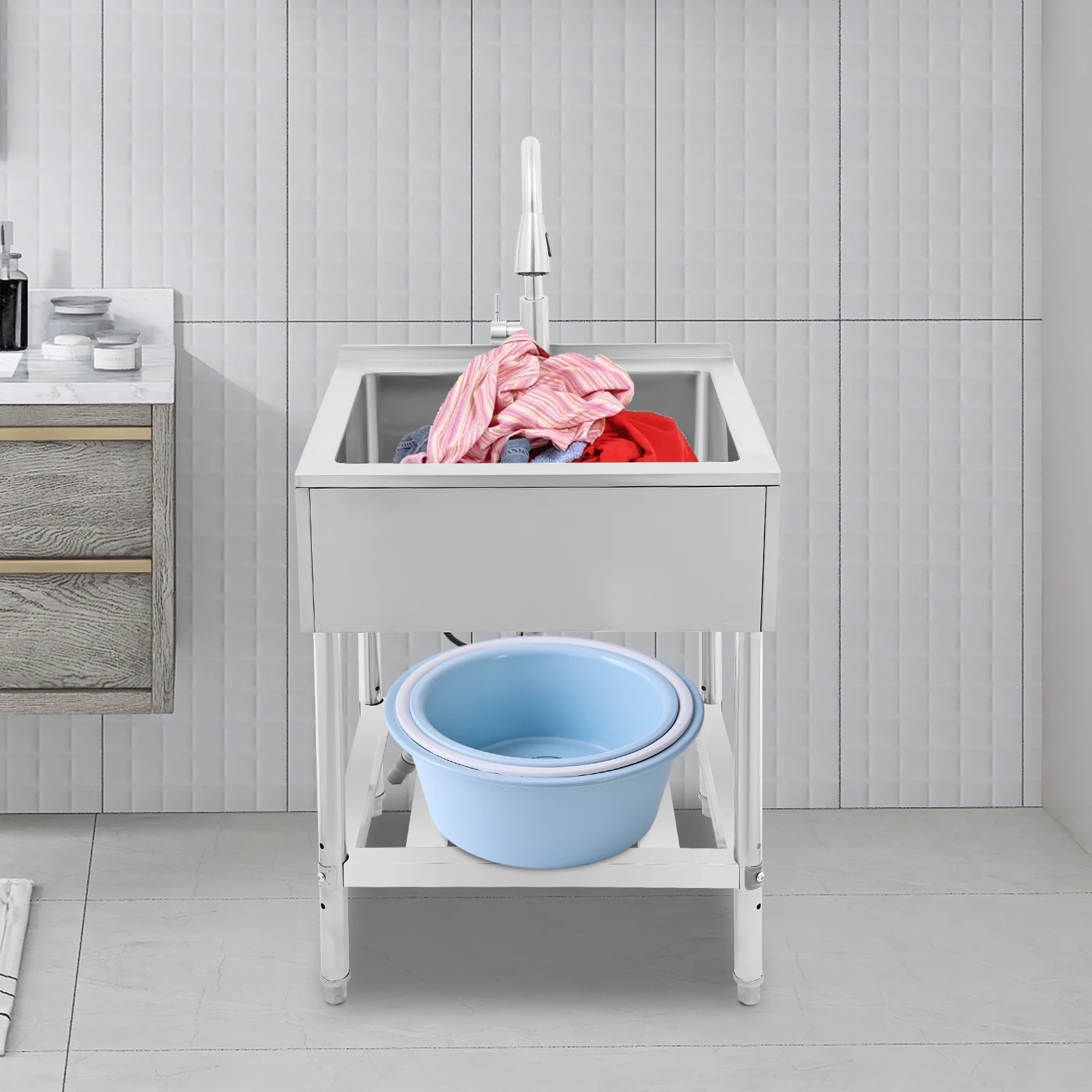 حوض غسيل ذو وعاء واحد، حوض تجاري مع صنبور قابل للسحب، حوض غسيل من الفولاذ المقاوم للصدأ مع حامل