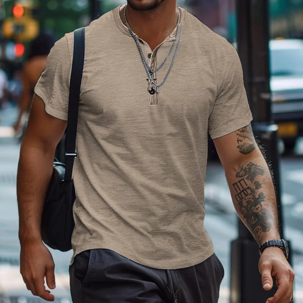 Free Print Your Logo Men's Summer Cotton Short-sleeved T-shirt Solid Color Henry Shirt Slim Fit T-shirts For Men Team Custom image 4