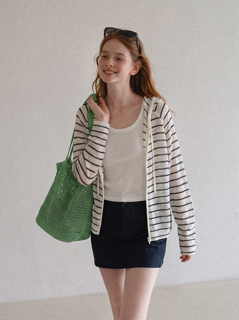 Korean Women Striped Hooded Knit Cardigan Thin Long Sleeve Sunscreen Coat Elegant Casual Air Conditioning Outerwear Tops