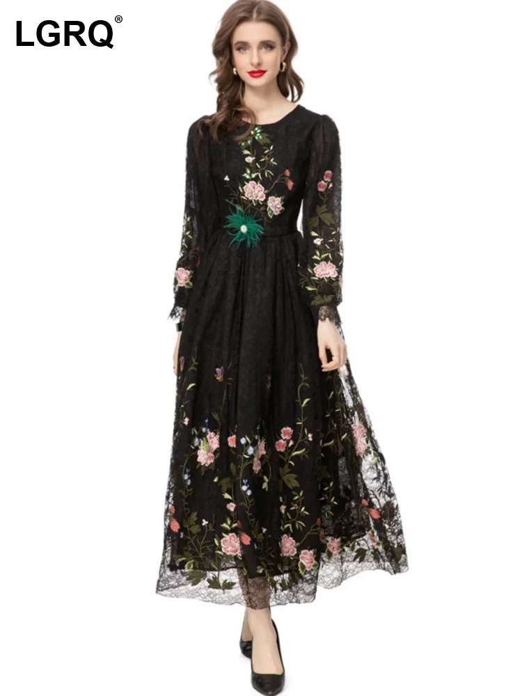 

LGRQ Women Flower Embroider Dress Fashion O-neck Long Sleeve Lace Vintage Evening Party Dresses Female 2024 Autumn New Clothing