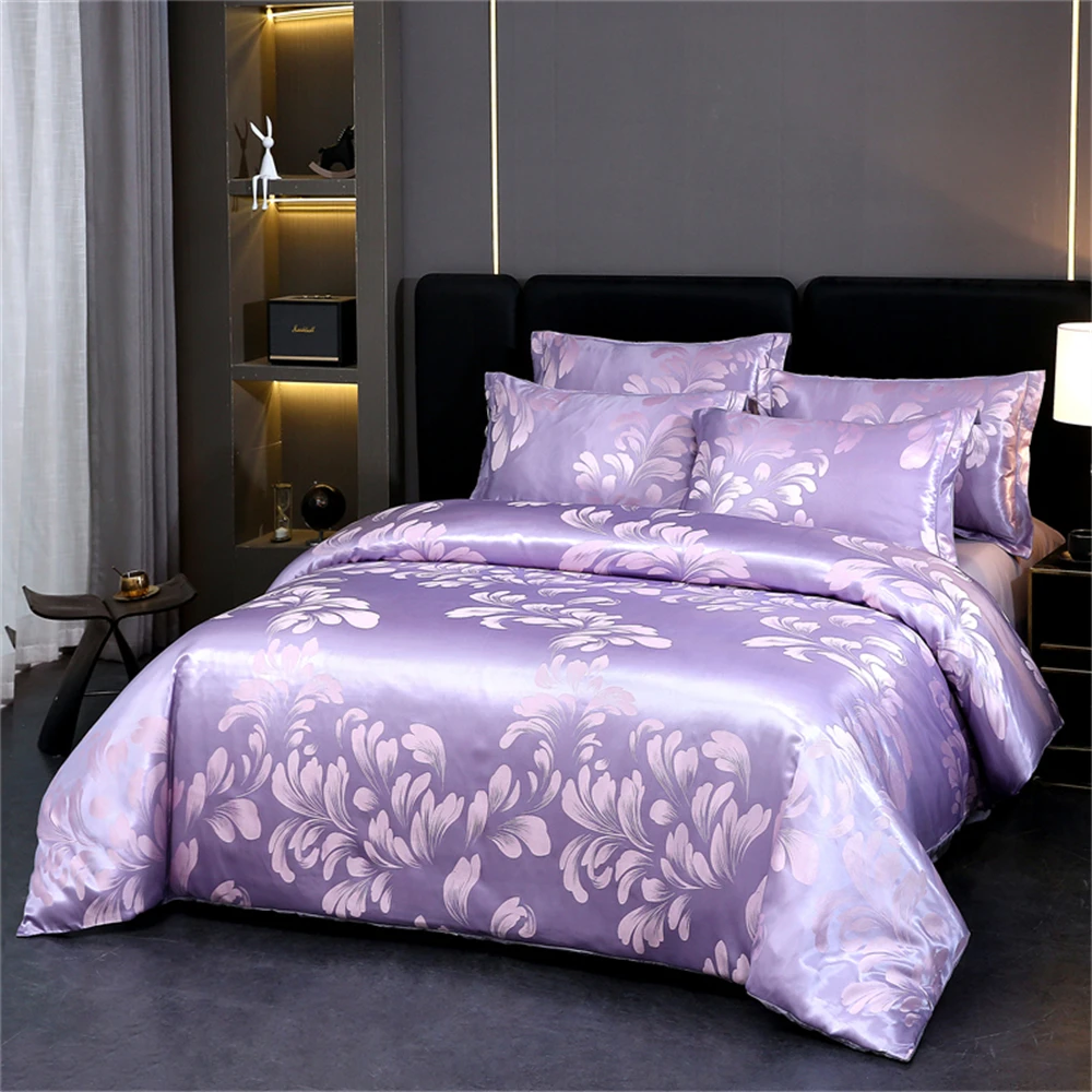 Double Queen Damask Jacquard Satin Duvet Cover Four Pieces Set Luxury Silk Like Bedding Set Comforter Cover Bed Sheet Pillowcase