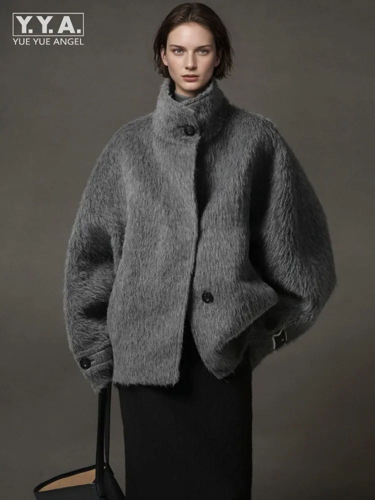 

Winter Ladies Elegant Loose Fit Alpaca Wool Coat Stand Collar Single Button Casual Outerwear Long Sleeve Women Versatile Jacket