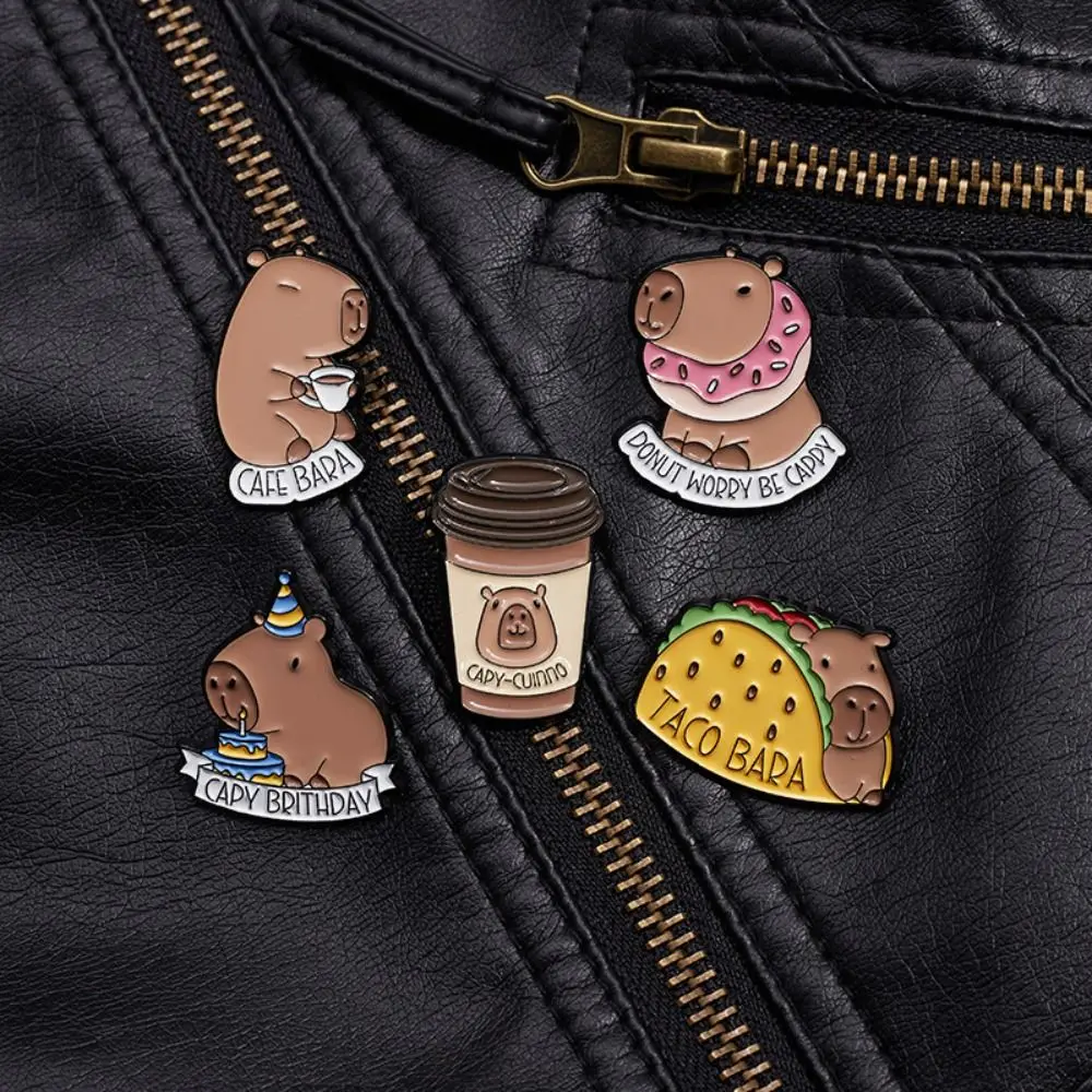 1PC Kawaii Capybara Enamel Pins Donuts Coffee Brooches Cute Shape Taco Lapel Badges Kids Gift