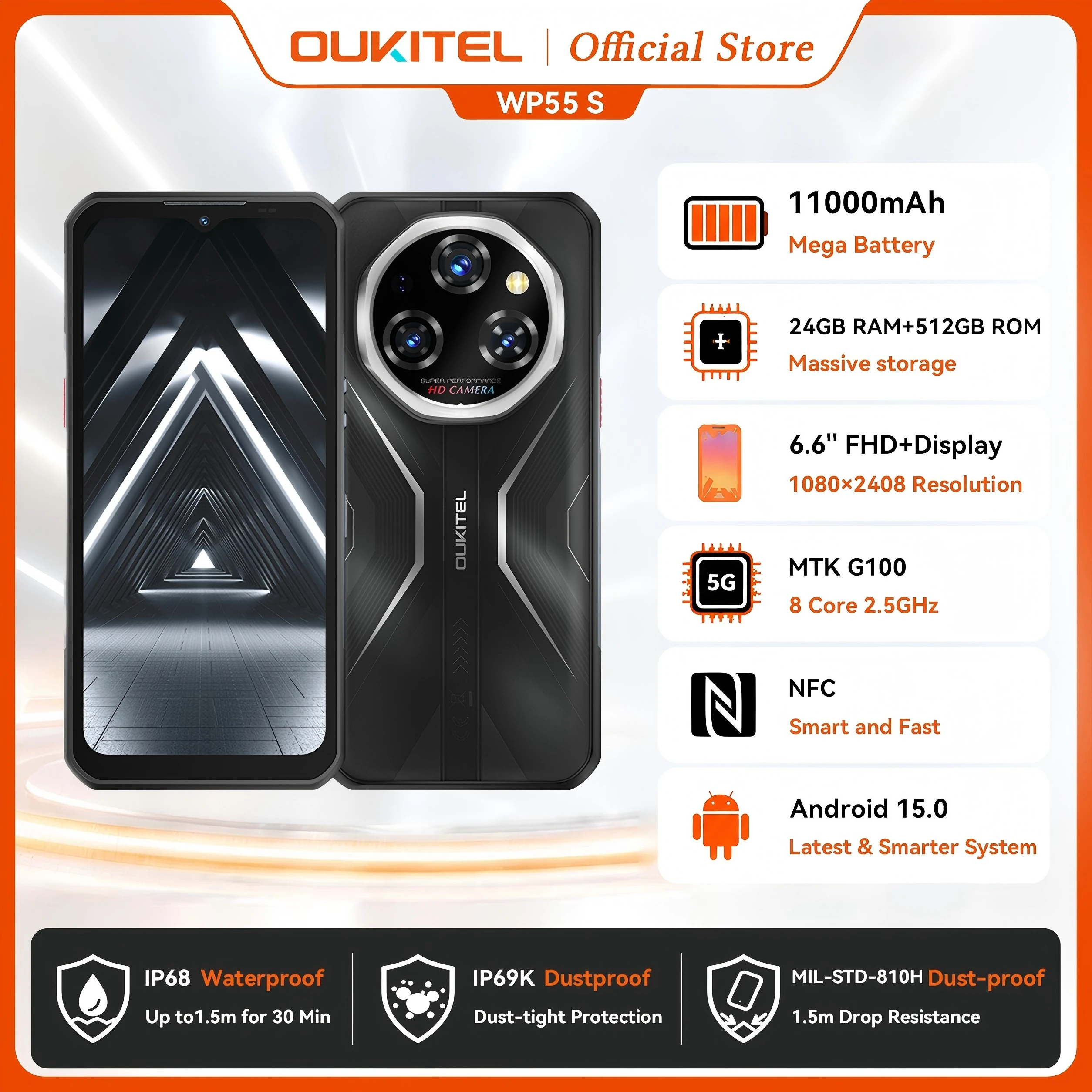 OUKITEL WP55S Rugged Smartphone Android 15 11000mAh 33W Fast Charge 6.58''HD+ 24(8+16)GB+512GB 120Hz Waterproof NFC Dual SIM