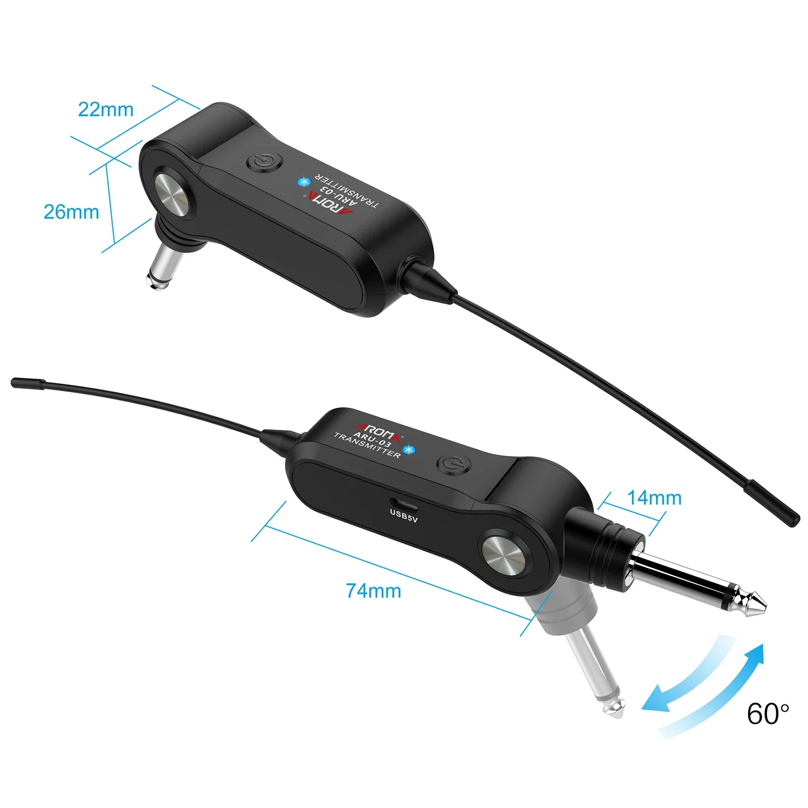 AROMA ARU-03 UHF Wireless Transmission System Transmitter Receiver Rechargeable Battery for Guitar Bass Guitar Accessories