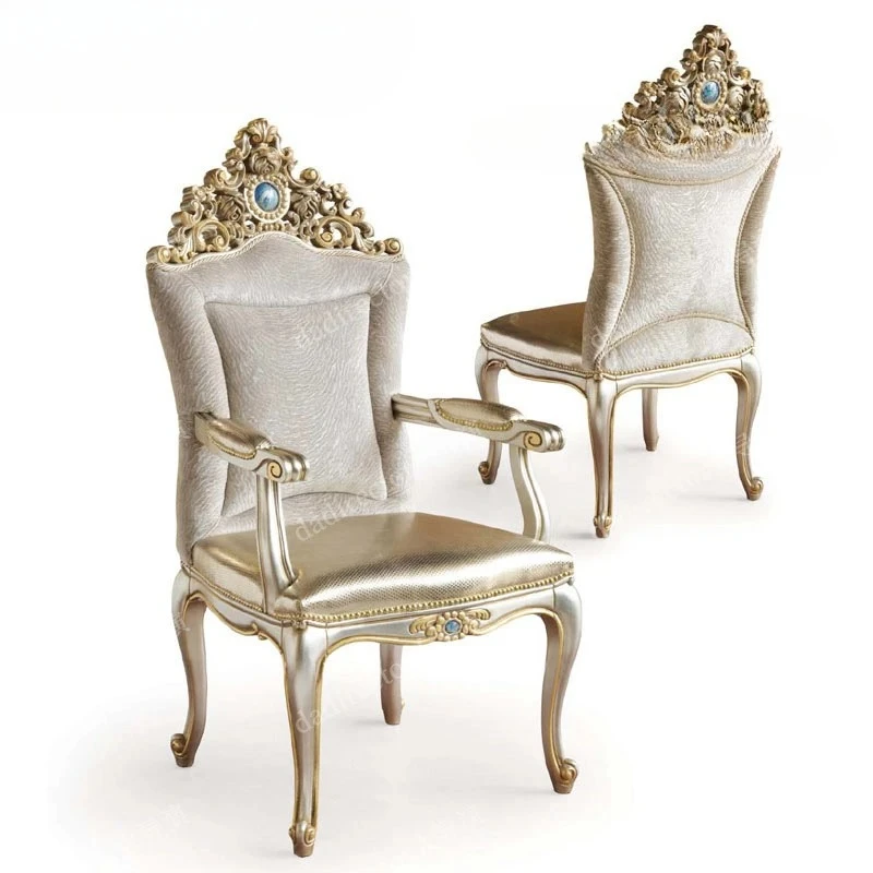 

European cream wind solid wood carving flower dining chair court fabric back chair