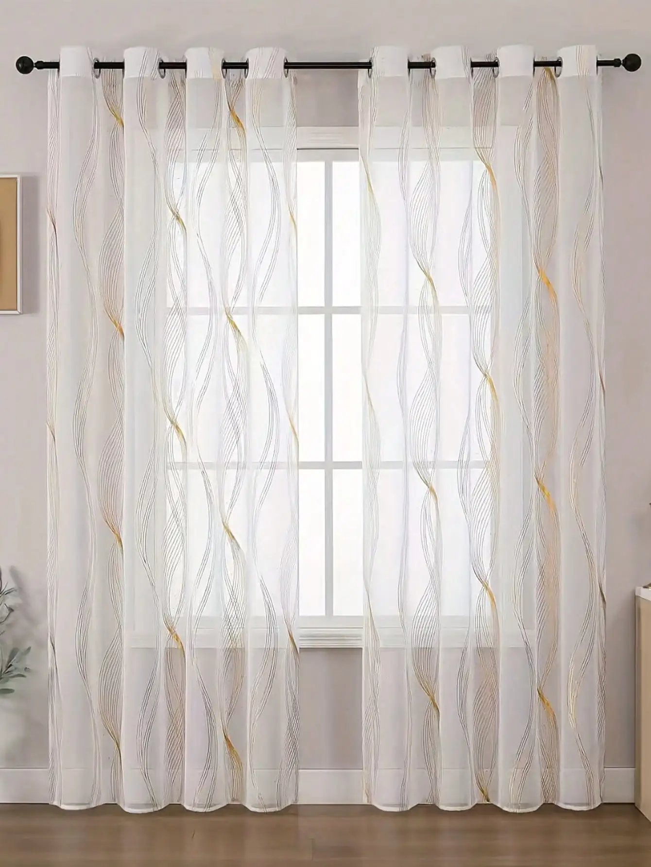 Luxury Gold Wavy Line Sheer Window Curtains, Elegant Embroidered Light Filtering Voile Drapes, Grommet Semi-Transparent Curtains