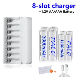 PALO AA AAA Rechargeable Battery 1.2V Ni-MH 2A 3A Batteries for Camera Toy with 8-slots Smart Mix-Charge AA/AAA Battery Charger