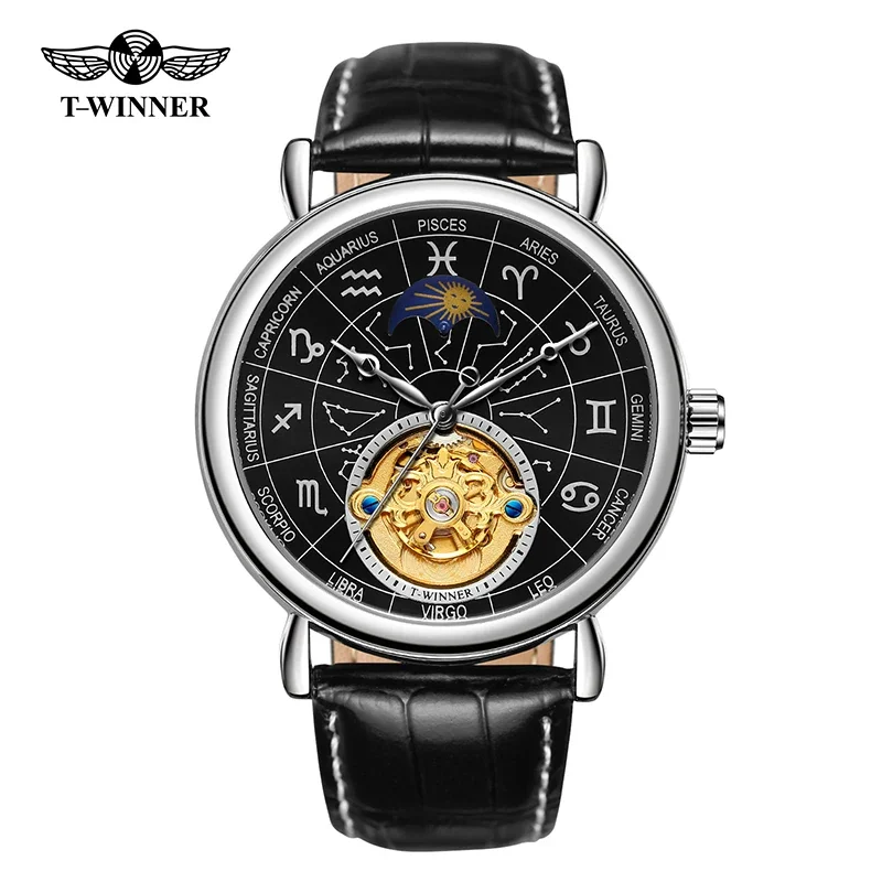 T-Winner Waterproof Moon Phase Skeleton Design WristWatch Arrival Men Mechanical Automatic Watches Reloj Para Hombre Watch