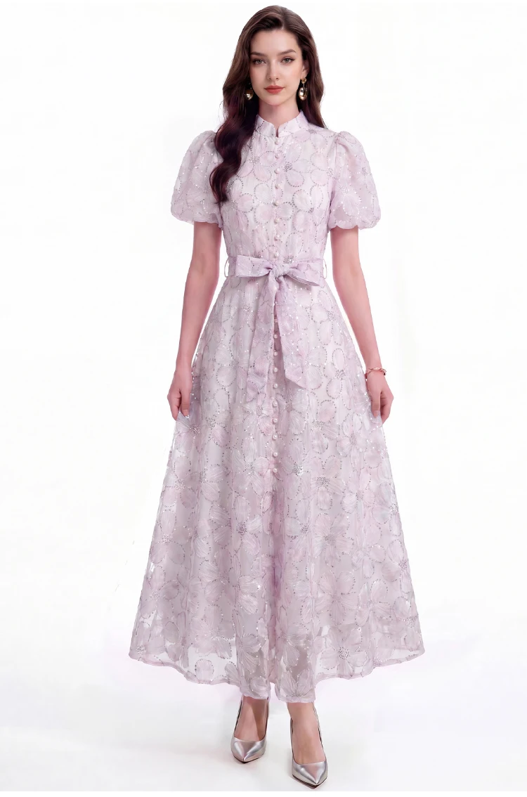 Elegante Vestido Bordado con Lentejuelas para Mujer, Cuello Mandarín, Manga Abullonada, Cinturón, Vestido Midi Vintage para Invitadas de Boda y Fiestas