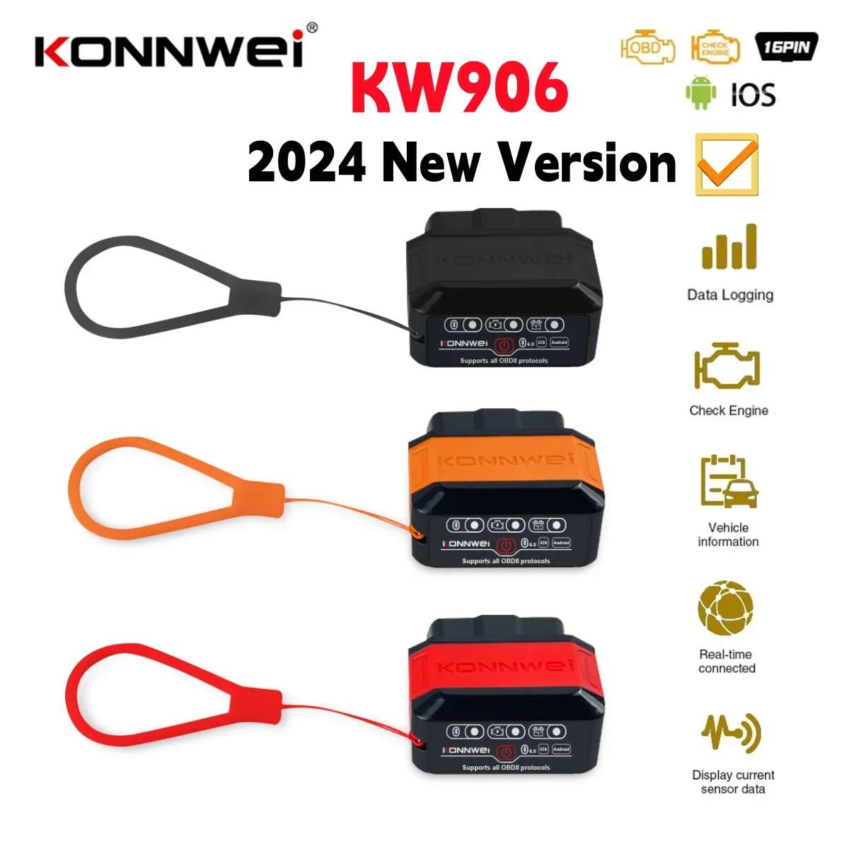 KONNWEI KW906 ELM327 V1.5 Pic18F25K80 OBD2 Scanners Bluetooth 5.0 For Android/IOS ELM 327 OBD 2 Car Diagnostic tool Code Reader