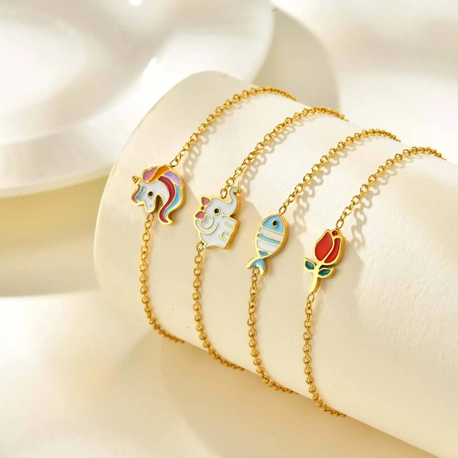 

Enamel Cute Chain Bracelet for Women Girls, Small Unicorn Elephant Fish Flower Charms Link Wristband Jewelry