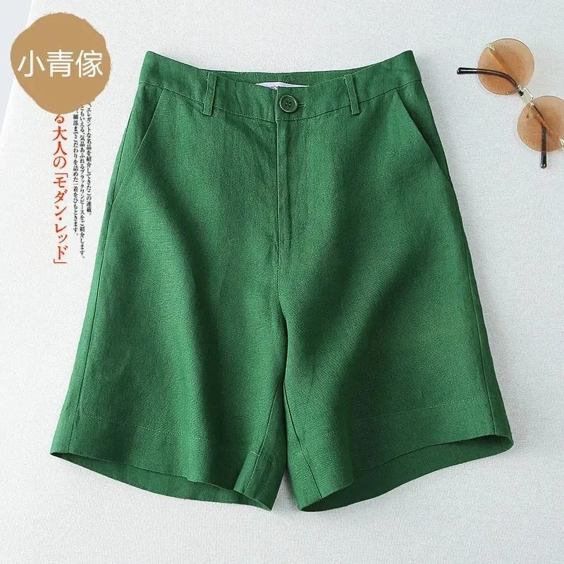 

Cotton linen shorts women's Summer New Thin High waisted Casual Wide leg Pants Female Versatile Straight leg Five quarter Pants