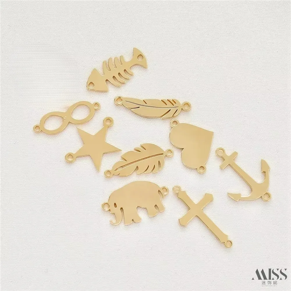 14K Gold-wrapped Glossy Love Leaf Anchor Double Pendant Flat Piece Pendant DIY Bracelet Necklace Earrings Accessories