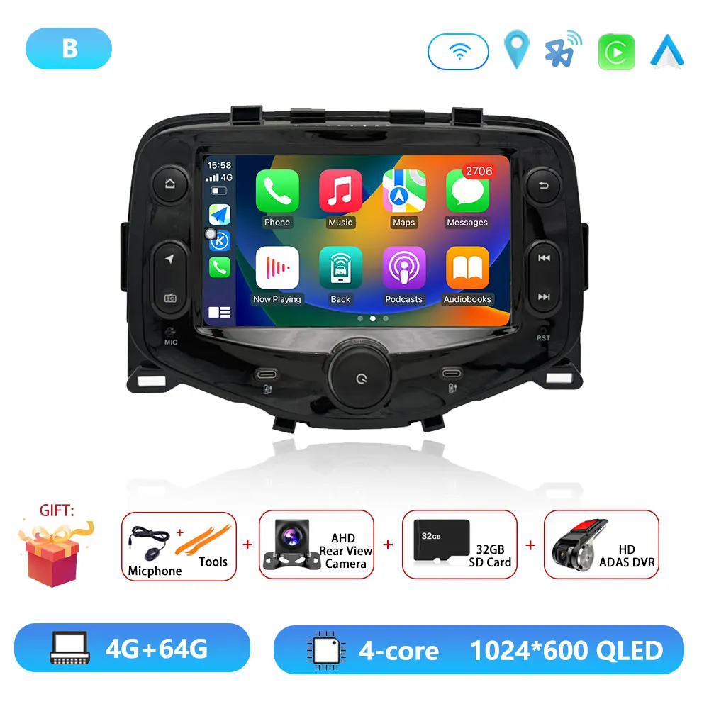 Android 15 Radio For Toyota Aygo Peugeot 108 Citroen C1 2014 - 2021 Autoradio Multimedia Player Carplay Android Auto GPS DSP DVD