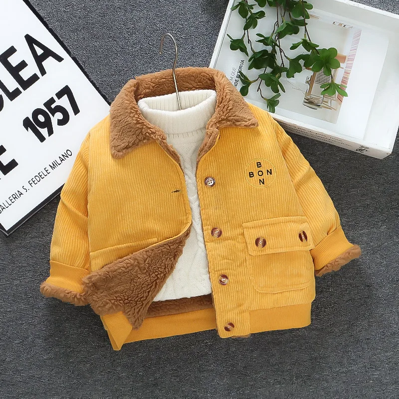 Boy Loose Coat Autumn Winter 2024 New Corduroy Thickened Add Velvet Tops Jacket Casual Simple Fashion Sweet Korean Cute Vintage