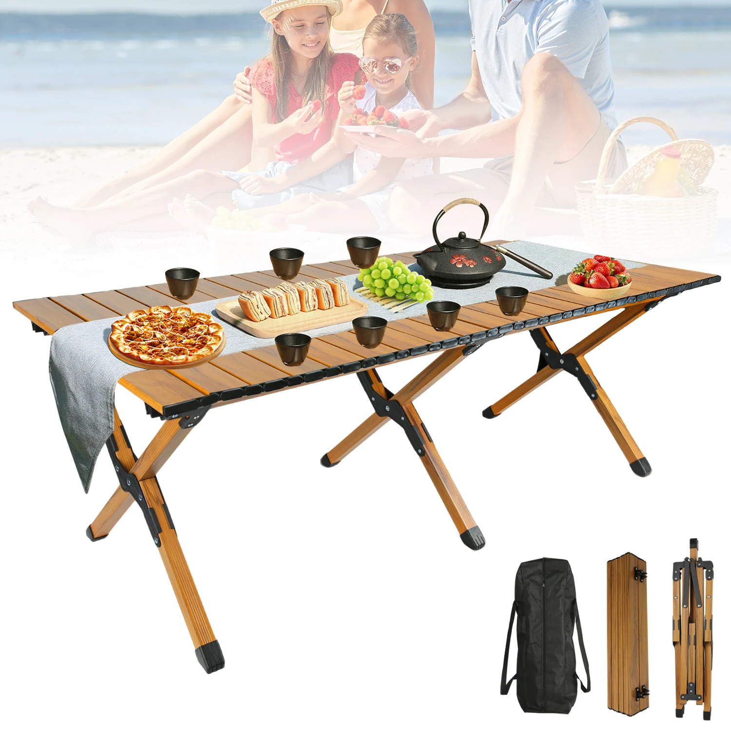 Mesa Plegable para Acampar, Mesa Portátil de Madera para Exteriores, Mesa de Aleación de Aluminio Tipo Rollo de Huevo, Mesa Versátil para Picnic y Barbacoa, Carga de 150 kg