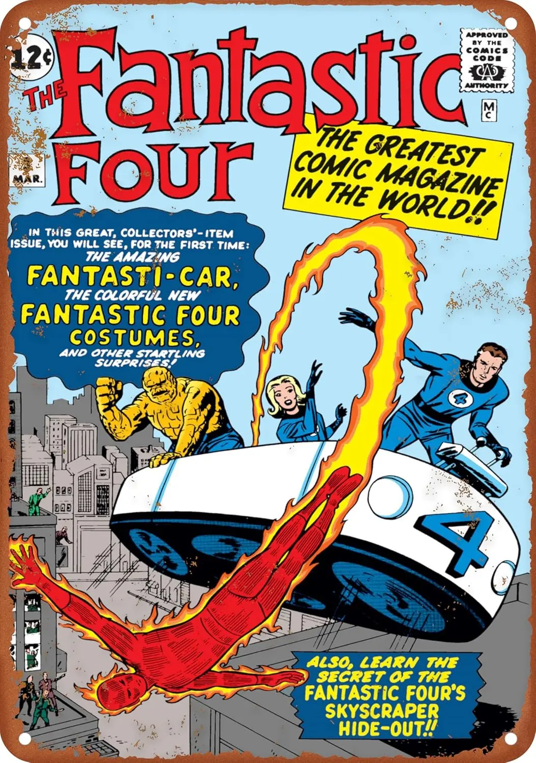 The Fantastic Four Issue 3 Comic Book Fantasti-Car Metal Tin Sign Aluminum Signs Wall Art Home Decor Bedroom Kitchen Cafe Pub Pl