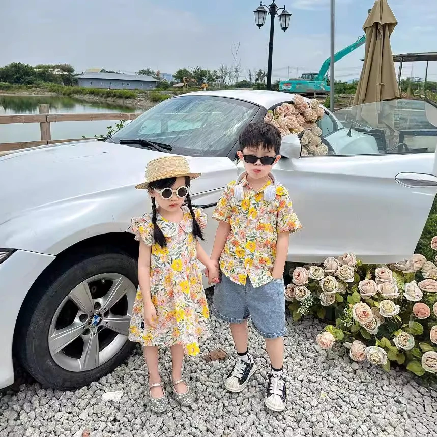 Resort Couple Family Vacation Clothes Mom Daughter Floral Dresses Holiday Dad Son Shirts Korean Brother Siater Matching Clothing