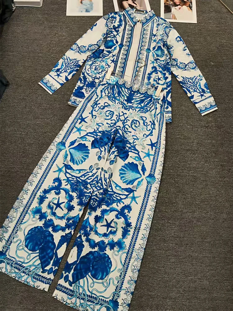 

Autumn new printed women's trousers long-sleeved single-breasted shirt elastic waist wide-leg trousers fashion two-piece suit.