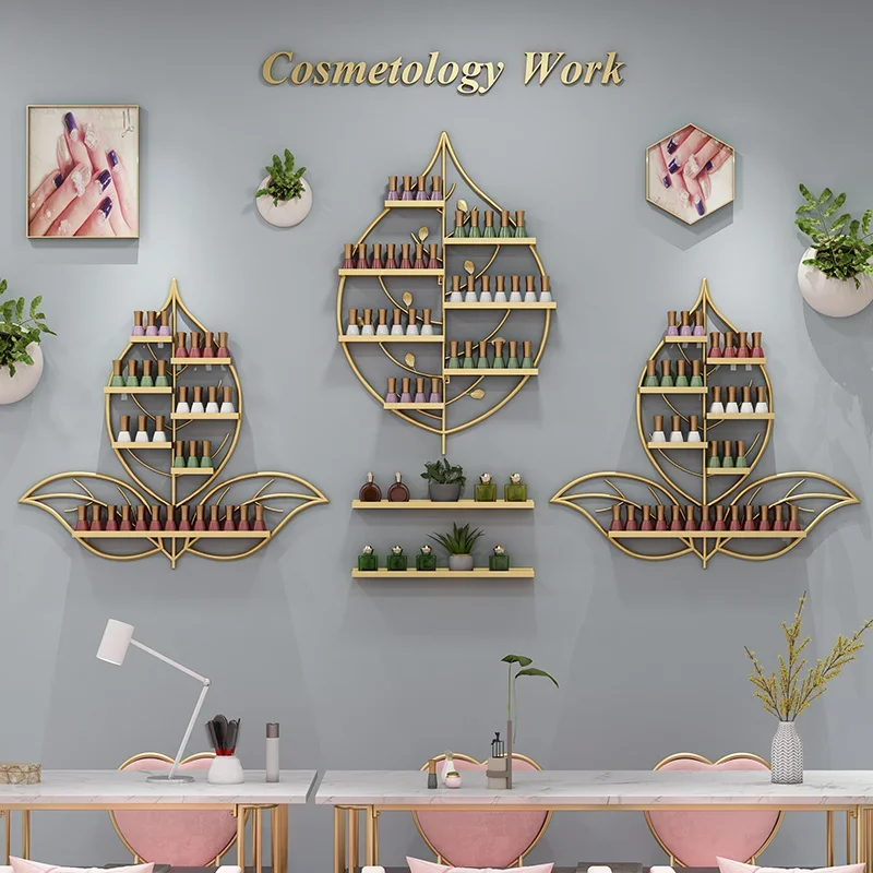 Decorative Hanging Metal Nail Polish Gel Display Shelf Nordic Leaf Shape Stylish Storage for Nail Polish and Accessories