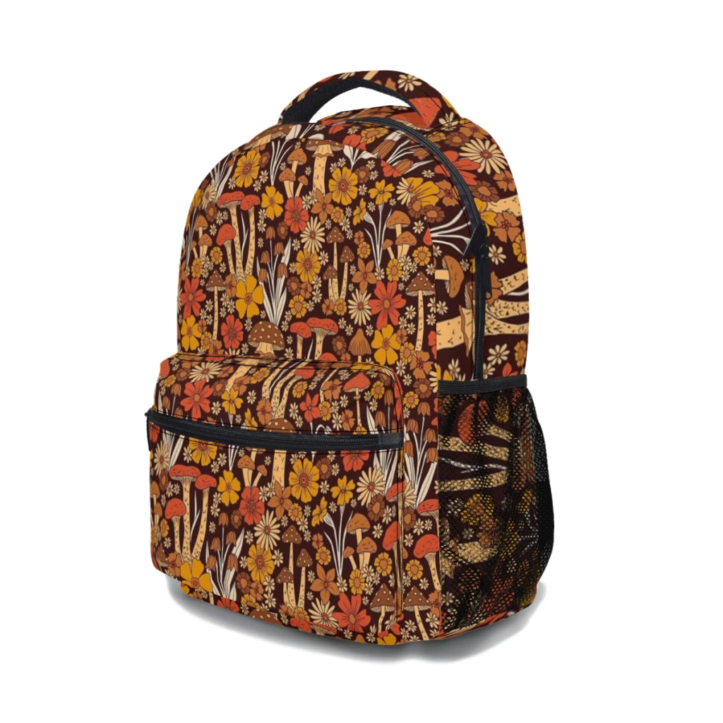 Retro 1970s Brown Orange Mushrooms & Flowers  For Girls Large Capacity Student Backpack Cartoon School Backpack  17inch