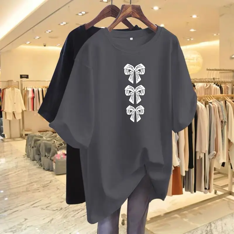 Summer Casual Chic Bow Printed T-shirt Women Basic Short Pure Cotton Top O-neck Short Sleeve Y2k Loose Pullover Tees