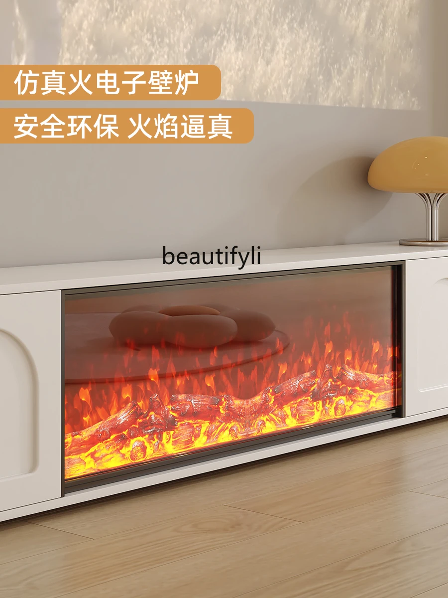 Cream Fireplace Simulation Flame TV Cabinet Living Room Home TV Cabinet Storage Locker Integrated