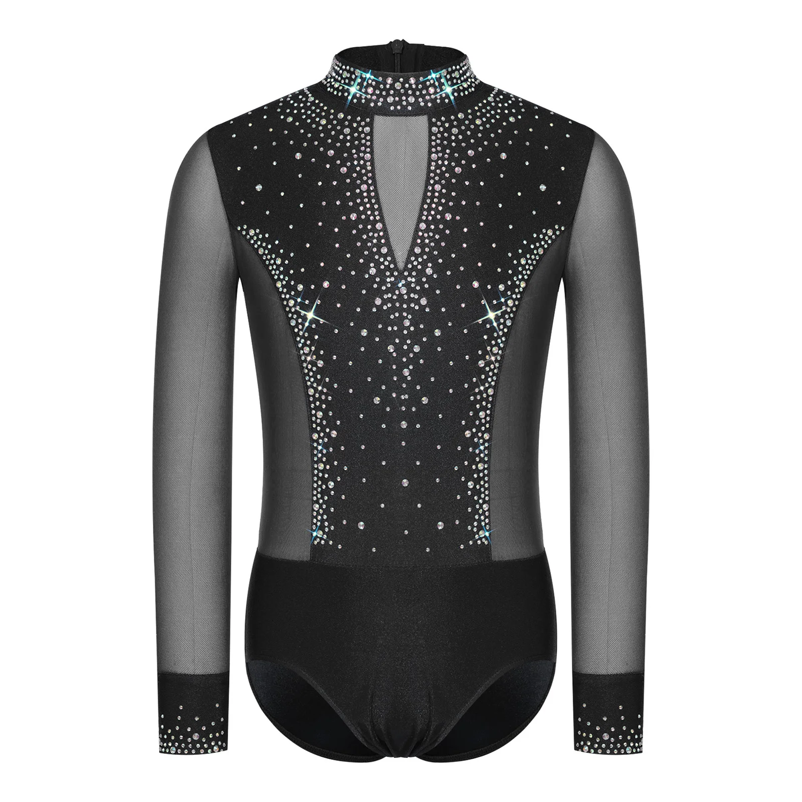 Kinder Jungen Strass-Bodysuit Jumpsuit Langarm Mesh-Bodysuit Gymnastik Ballett Trikot Eiskunstlauf Auftritts-Kostüm – Detail 8