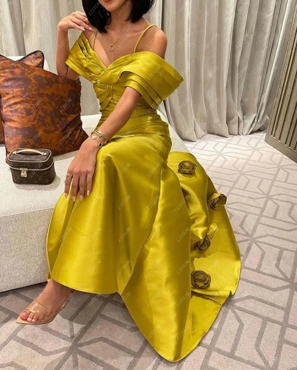 LIYYLHQ Long Yellow Prom Dresses Elegant Off-Shoulder Mermaid Evening Flower Satin Formal Occasion Gown For Women 2024