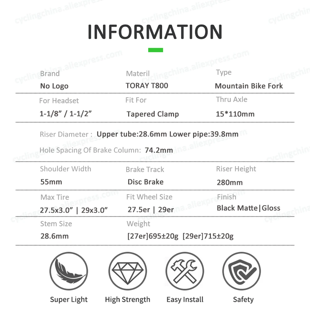 Nologo T800 Carbon 15x110mm Thru Axle Front Fork  27.5/29er Mountain Bike Rigid Forks Tapered Tube Disc Brake Fork Bicycle Parts