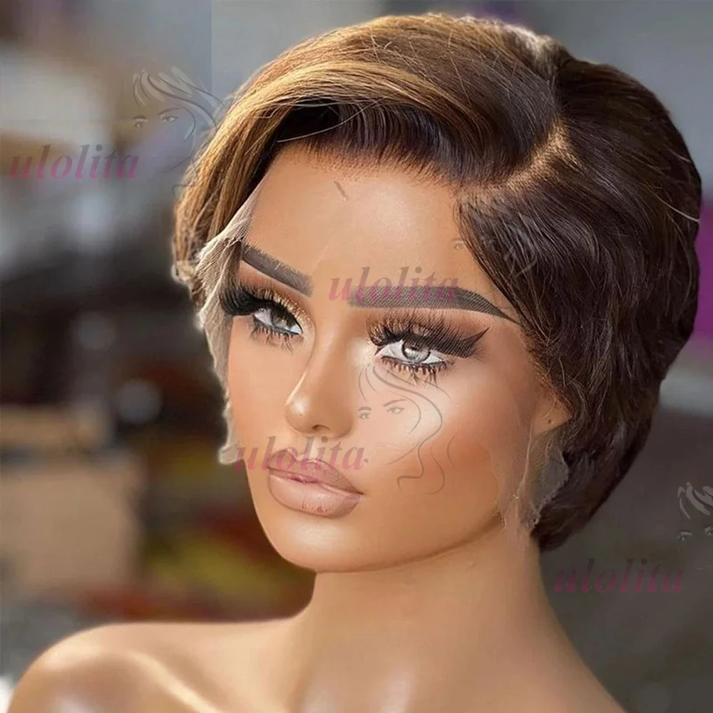 Ombre Braun T1B30 Echthaar-Perücken für Frauen, Knochenglatte Bob-Perücke, Remy T-Part Transparente Spitze, Natürlich Vorgezupfter Pixie-Schnitt – Detail 24